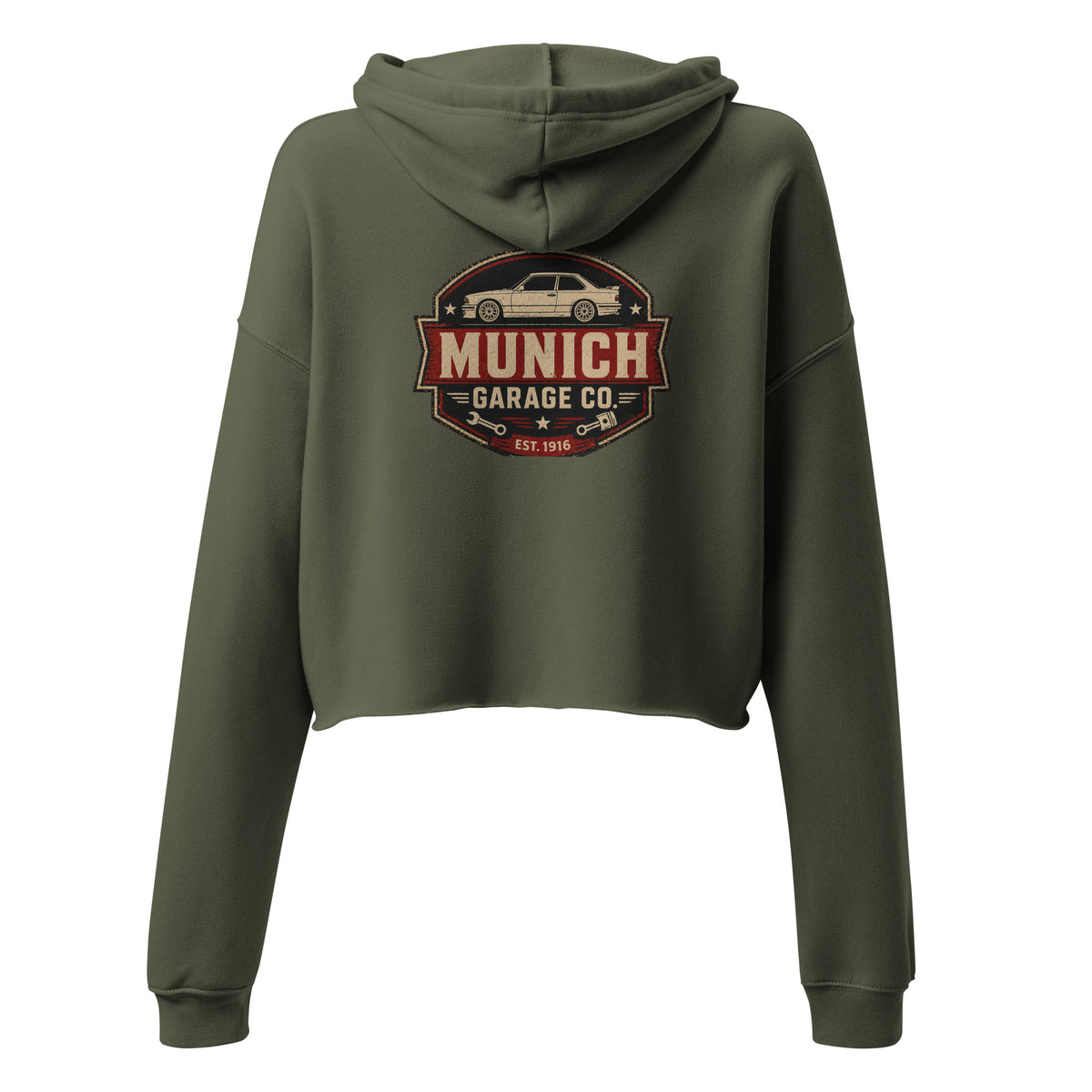 Back view of Military Green Munich Garage Co. women’s cropped hoodie showing the vintage German car graphic.