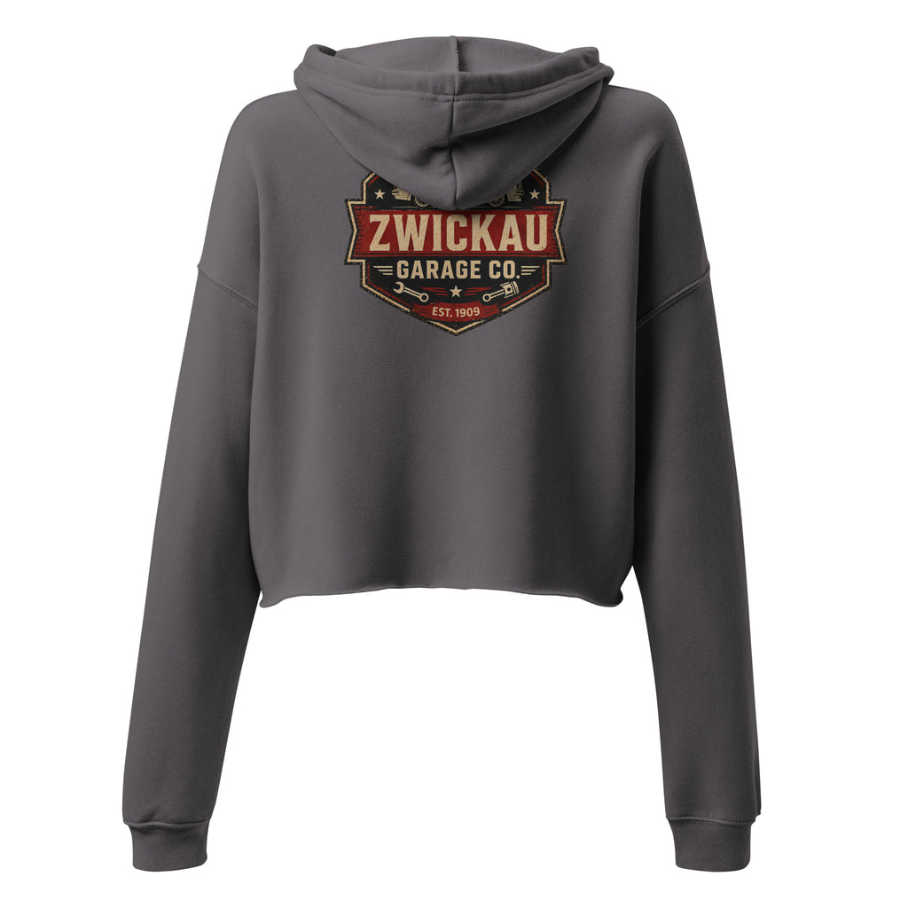 Back view of Storm gray Zwickau Garage Co. women’s cropped hoodie showing vintage German rally car graphic