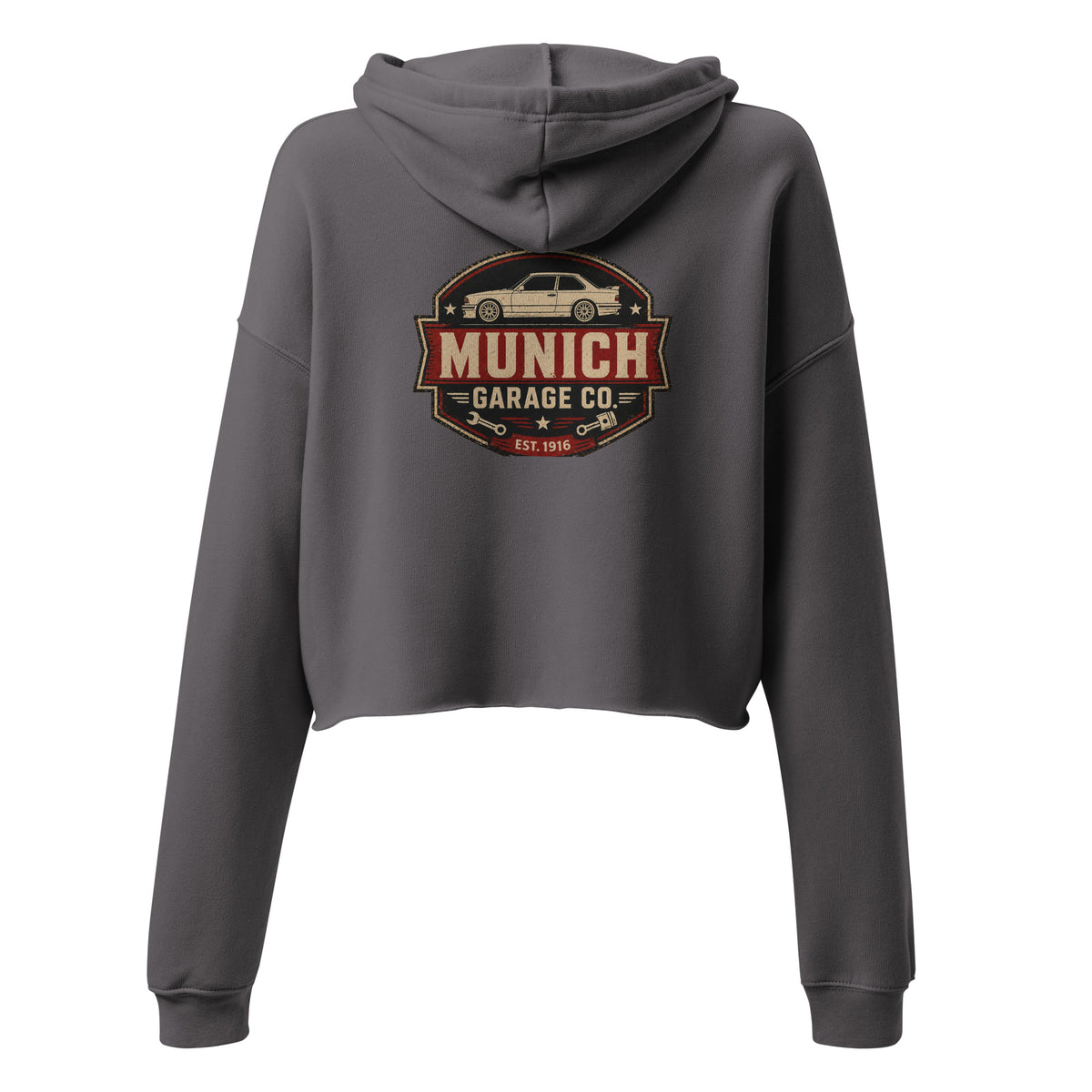 Back view of Storm gray Munich Garage Co. women’s cropped hoodie showing the vintage German car graphic.