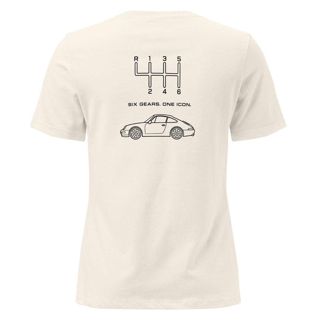 Natural women's relaxed-fit Classic 911 T-shirt, rear view with Six Gears One Icon graphic